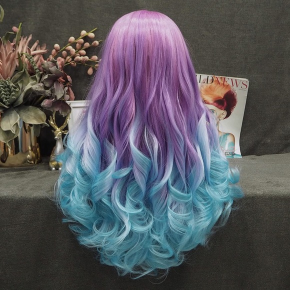 💕24” PURPLE BLUE UNICORN 🦄 OMBRE BODY WAVY CURLY LACE FRONT WIG 💕 NWT - Picture 5 of 7